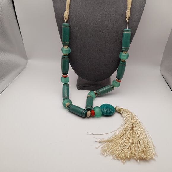 Vintage Chico's Boho 38 Inch Leather Glass Beads Long Tassel Necklace - Picture 3 of 12